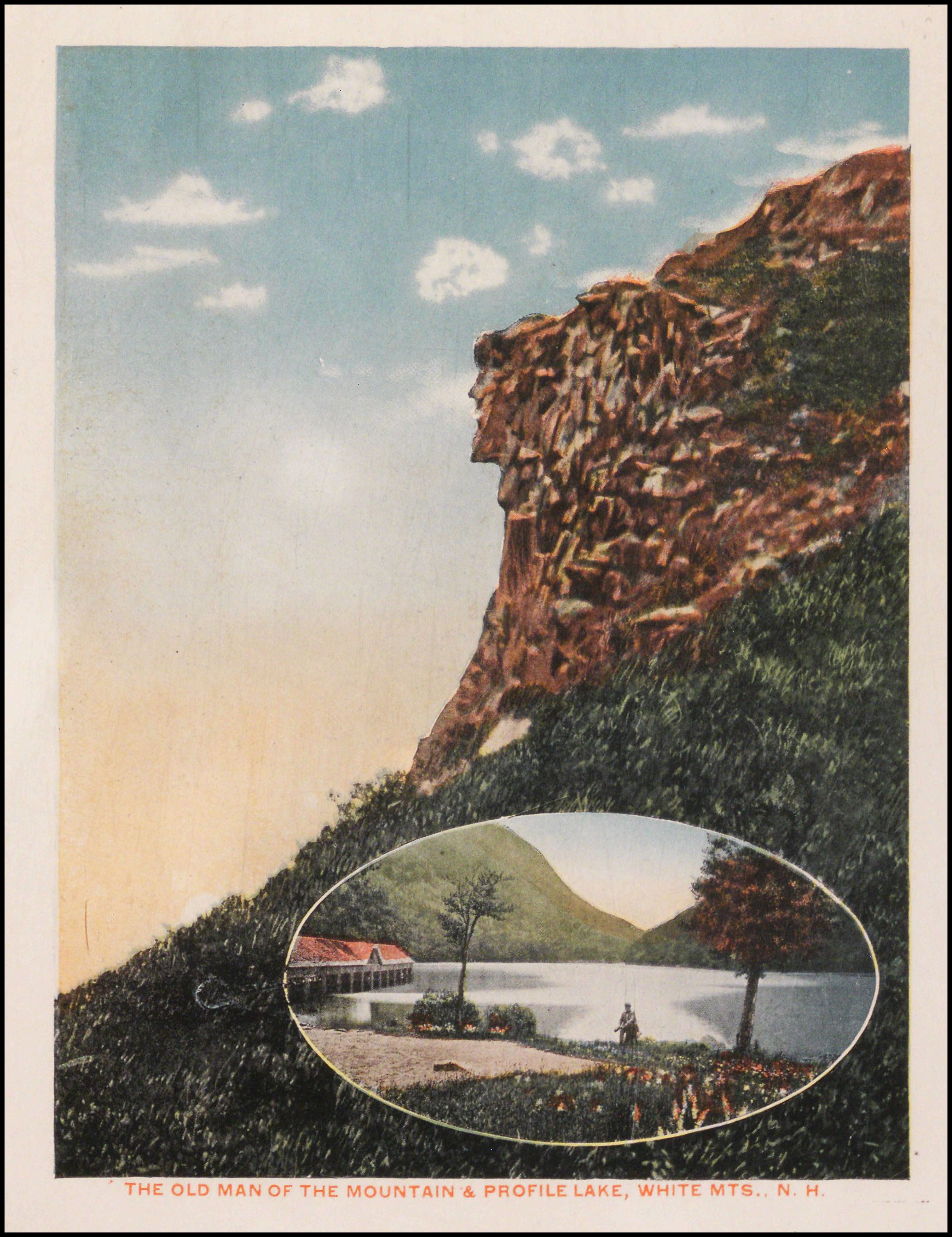 Colour postcard of the Man in the Mountain in the White Mountains, New Hampshire. Copyright New Hampshire Historical Society